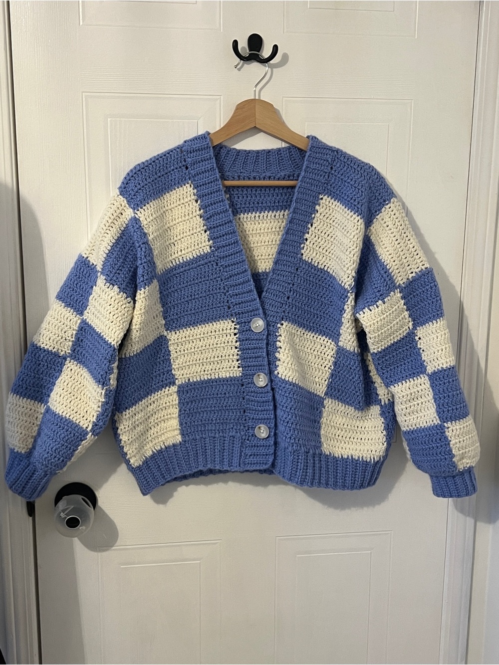 Blue and Cream Checker Crochet Cardigan Sweater